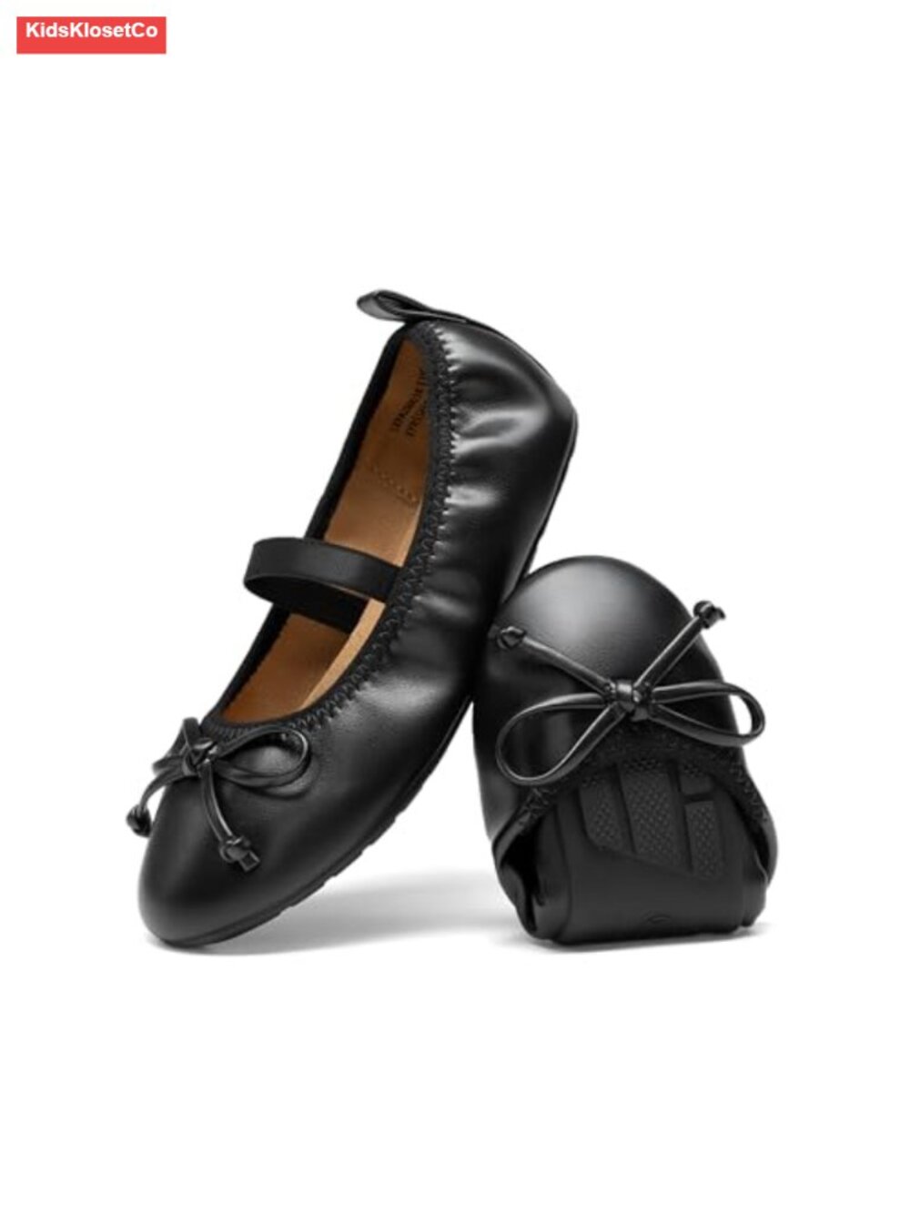 Girls Ballet Flats Mary Jane Shoes with Bow - Faux Leather, Flexible Elastic